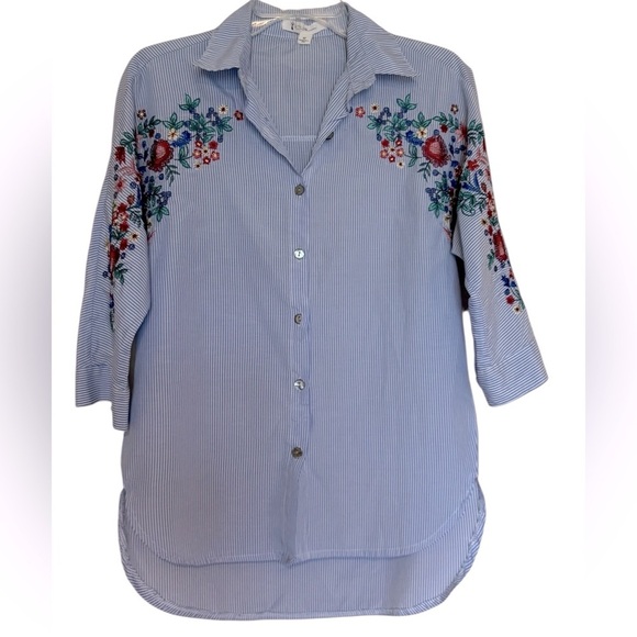 NYLON APPAREL Tops - NYLON APPAREL women's embroidered striped button up blouse in blue
